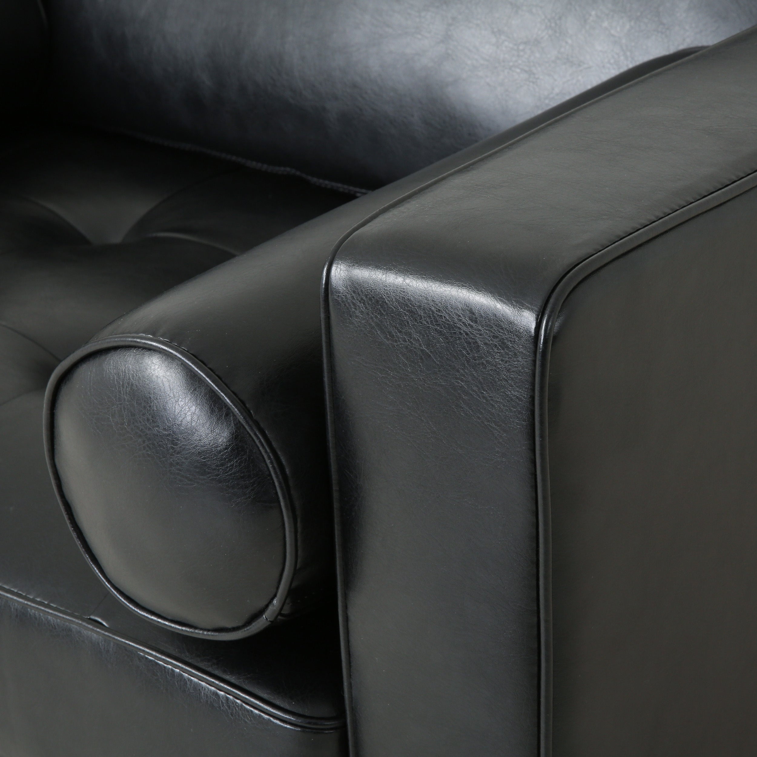 Sophisticated Faux Leather Club Chair with Birch Wood Legs in Black, 44.75 x 33.25 x 33.50 inches - Grand Goldman Shop
