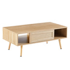 41.34' Rattan Coffee Table, Sliding Door for Storage, Solid Wood Legs, Modern Table for Living Room-Natural - Grand Goldman Shop