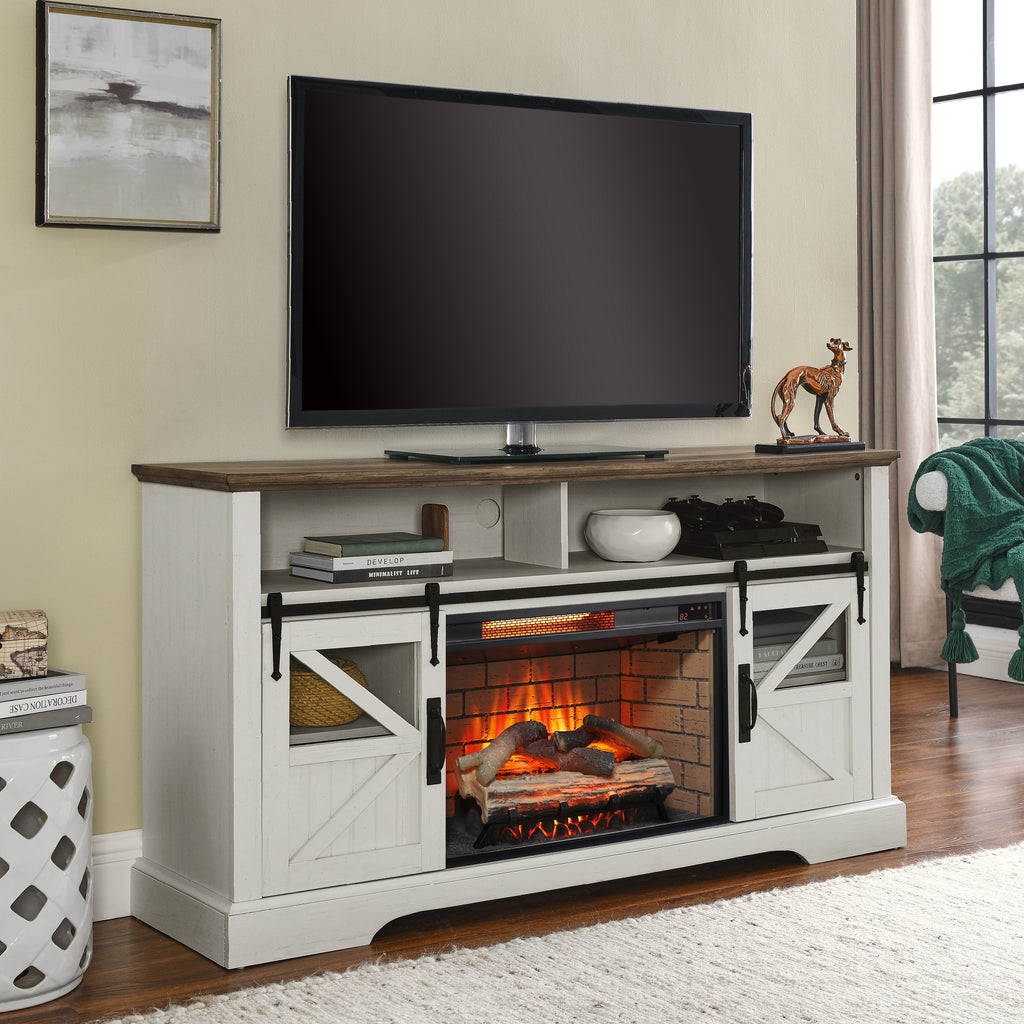 60 Inch Electric Fireplace  Entertainment Center With Door Sensor-Jasmine white color - Grand Goldman Shop
