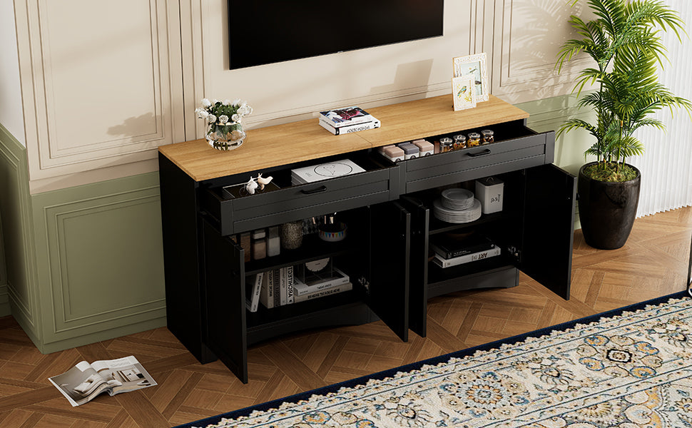 ON-TREND Farmhouse TV Stand with 2 Drawers for TVs Up to 70', Versatile Wood Grain Sideboard with Adjustable Shelves, Mid-Century Buffet Cabinet with Rustic Handles for Living Room/Bedroom, Black - Grand Goldman Shop