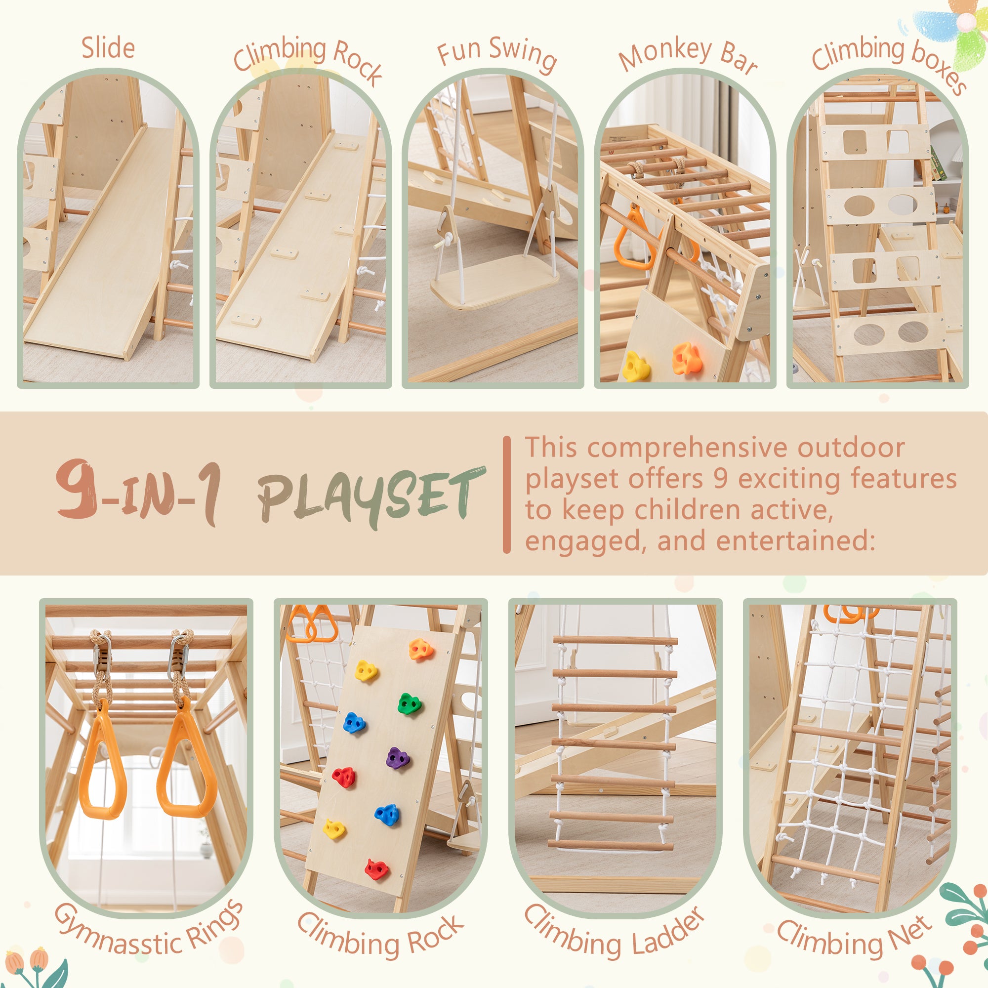 9-in-1 Slide and Climbing Wall for Toddlers 3+, Wooden Indoor Play Structure, Heavy Duty 176 lbs Capacity, Safe Rounded Edge 