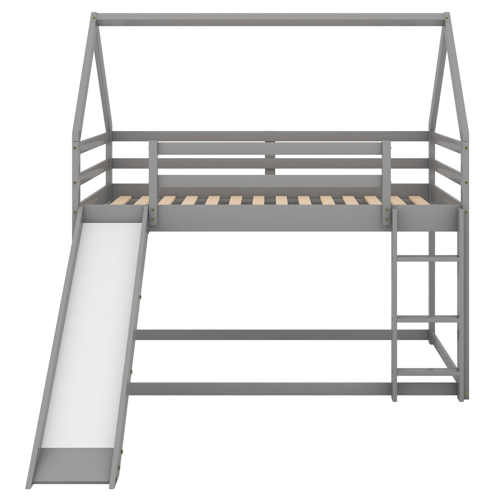 Gray House-Shape Twin Over Twin Bunk Bed with Slide and Ladder, Pine Wood and MDF, 77.4''L x 41.7''W x 70.9''H - Grand Goldman Shop