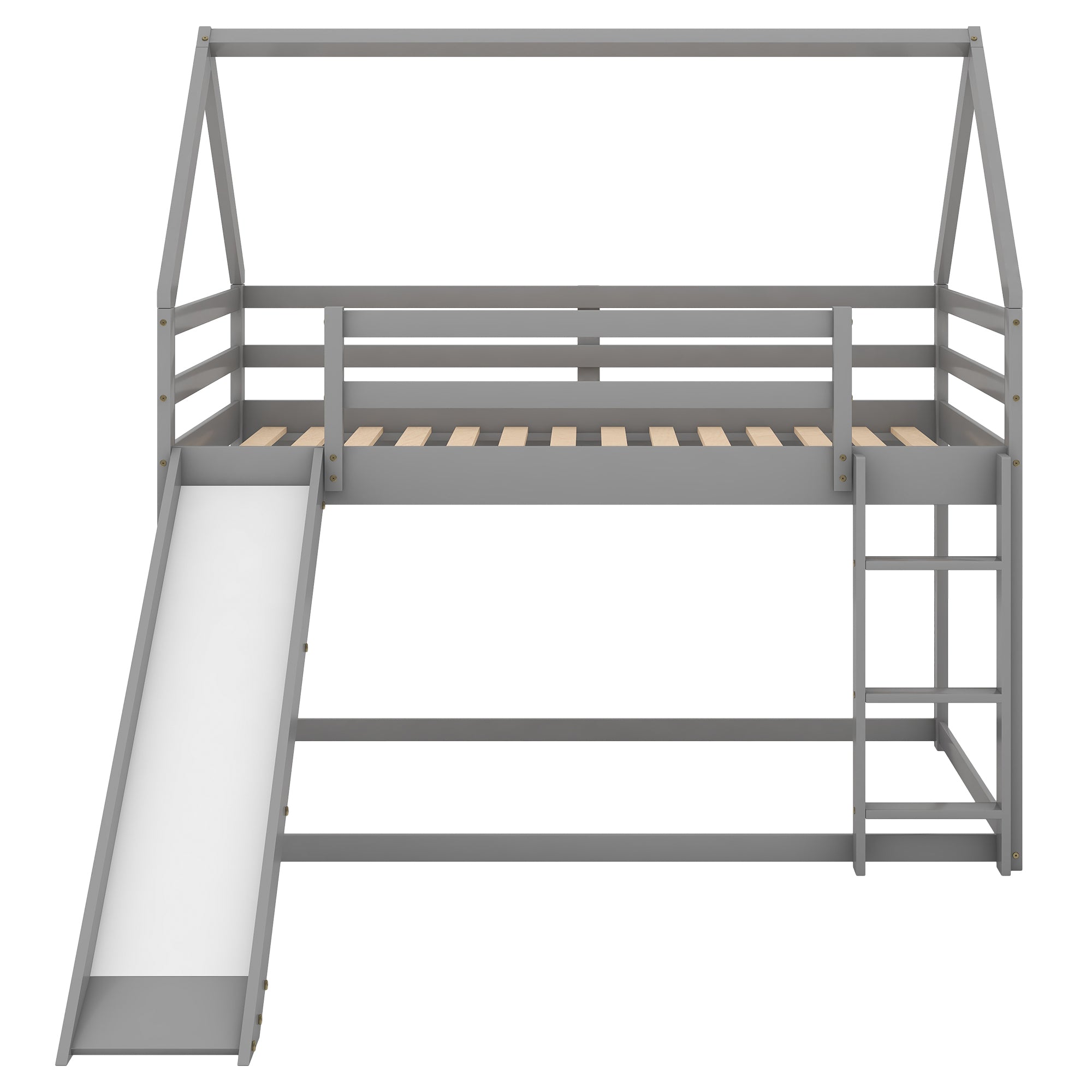 Gray House-Shape Twin Over Twin Bunk Bed with Slide and Ladder, Pine Wood and MDF, 77.4''L x 41.7''W x 70.9''H - Grand Goldman Shop