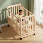Portable Pine Wood Bedside Bassinet with 3 Heights, Natural Wood Mini Crib for Newborns 0-36 Months, Space-Saving Design | Pr
