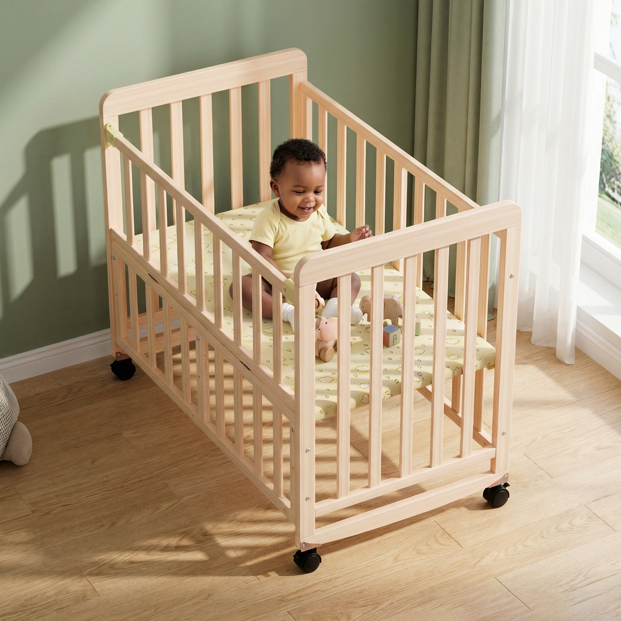 Portable Pine Wood Bedside Bassinet with 3 Heights, Natural Wood Mini Crib for Newborns 0-36 Months, Space-Saving Design | Pr