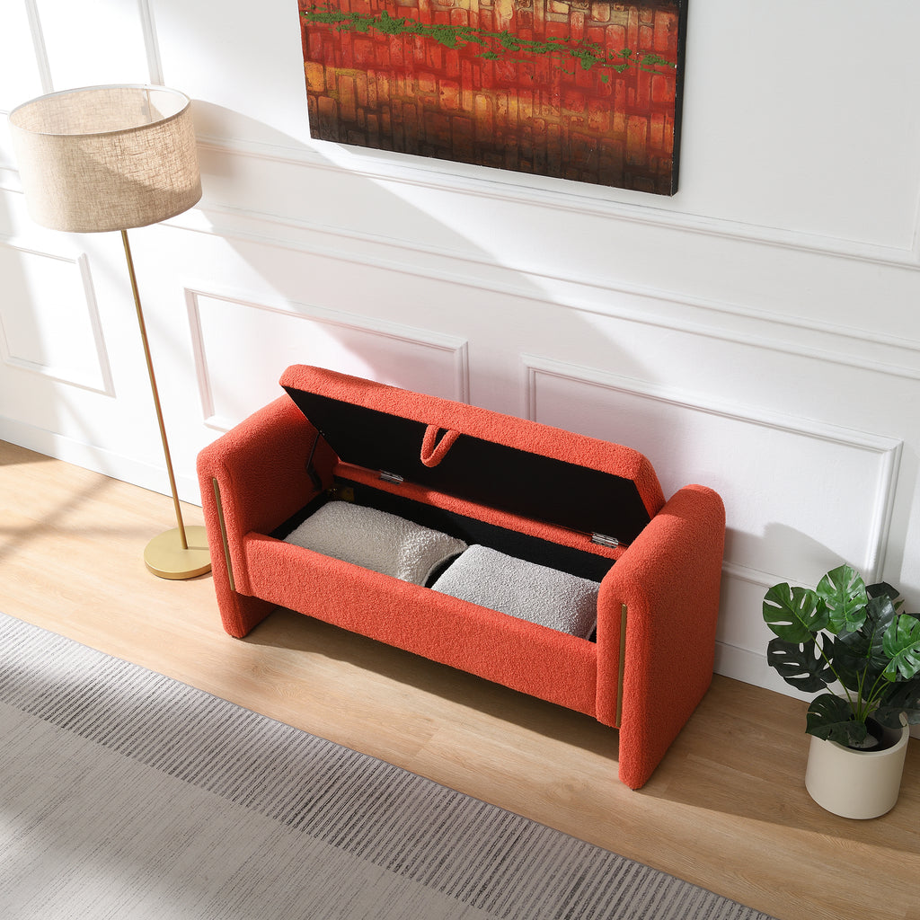 Modern Teddy Bed End Bench with Arms and Storage, Upholstered Orange Foot Rest Stool for Living Room, Bedroom, Dorm, Comfy Window Vanity Bench - Grand Goldman Shop