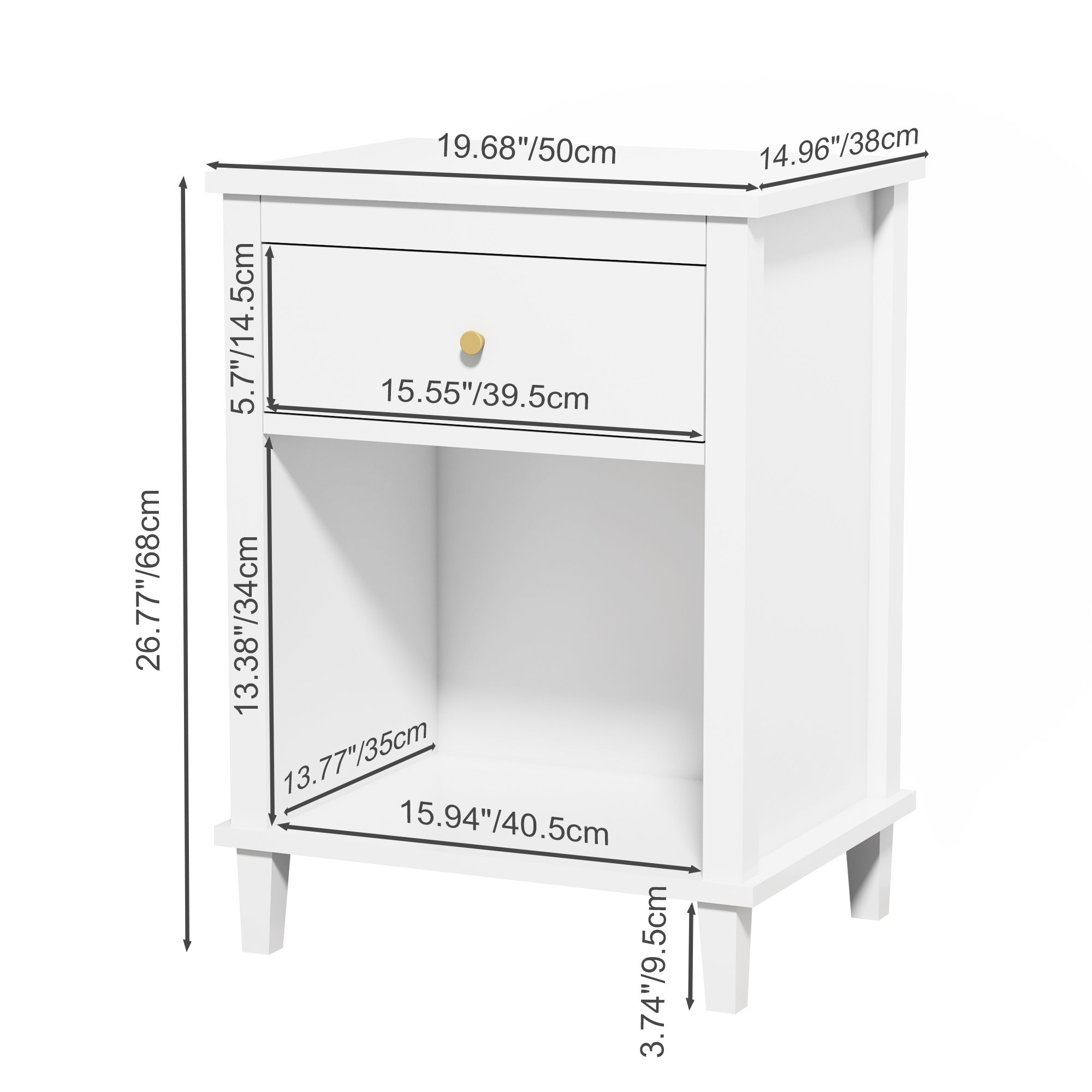 26.77''H White Wooden Nightstand with One Drawer and Shelf, Golden Handle, MDF Construction for Kids and Adults - Grand Goldman Shop
