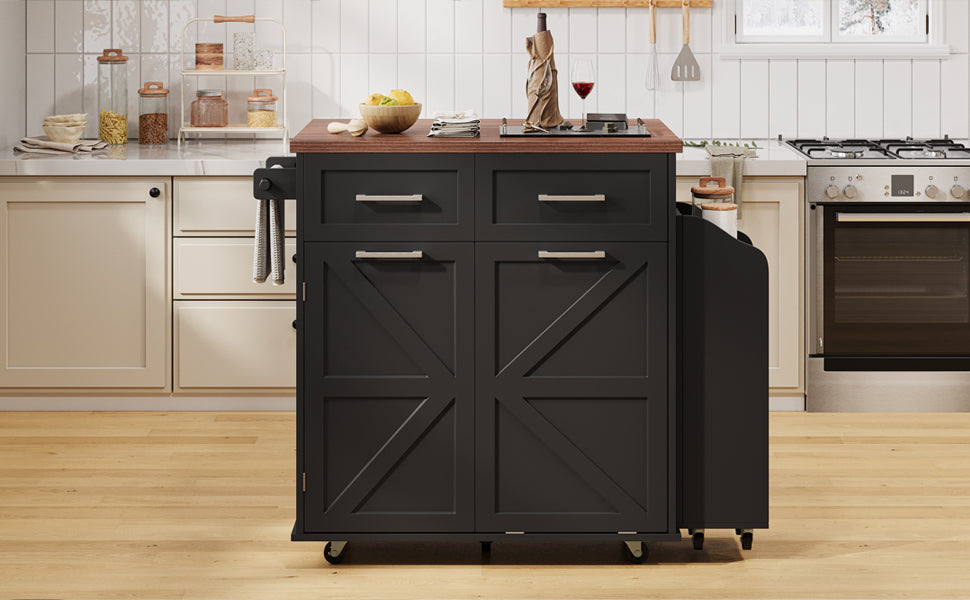 K&K 47.2' Farmhouse Kitchen Island with Drop Leaf, Kitchen Storage Island with Removable Side Racks, Two Drawers, Rolling Kitchen Cart on Wheels with Towel Rack, for Home, Kitchen, Dining Room, Black - Grand Goldman Shop