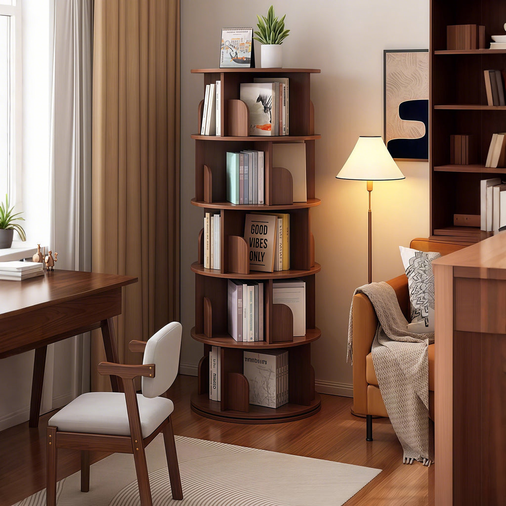 5 Tier Rotating Bookshelf, 360° Display Round Spinning Bookshelf, Space-Saving, Small Space Rotating Bookshelf Tower for Bedroom, Living Room, Home, Office, Walnut - Grand Goldman Shop