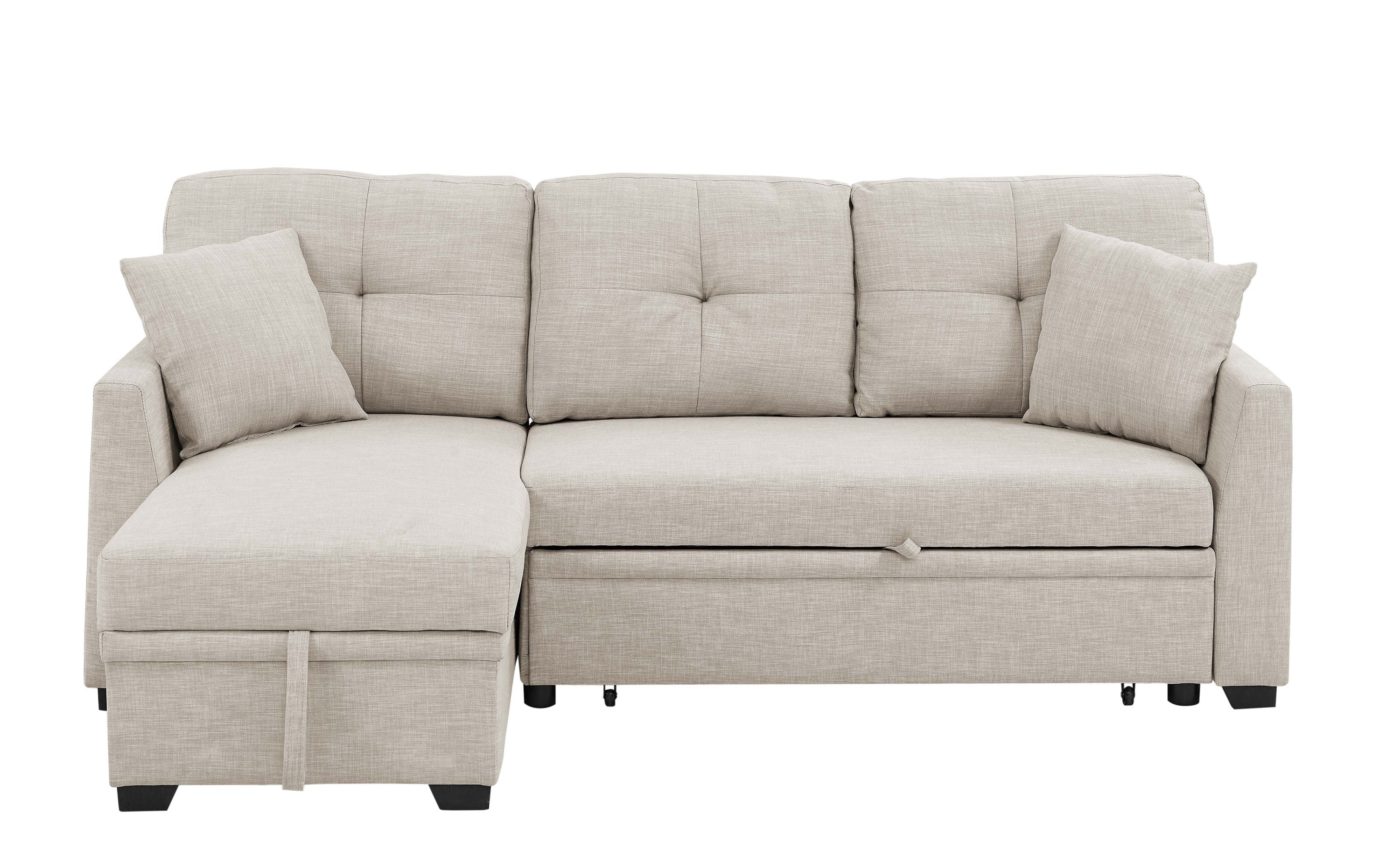76.5' Linen Blend Upholstered Sectional with Pull-Out Bed and Chaise Storage - Grand Goldman Shop