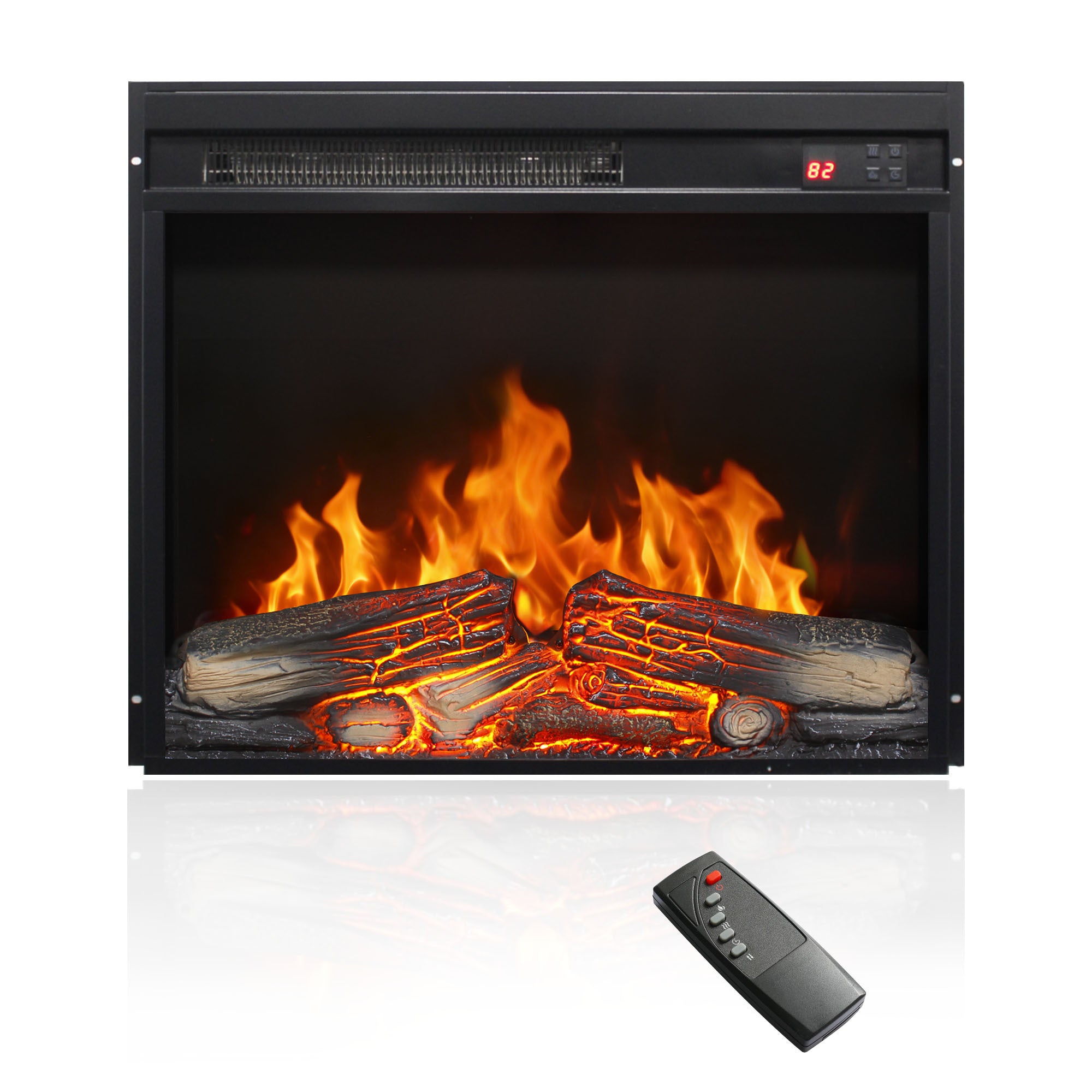23 inch electric fireplace insert, ultra thin heater with log set & realistic flame, remote control with timer, overheating protection - Grand Goldman Shop