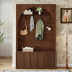 ON-TREND Farmhouse All-in-One Hall Tree with Adjustable Shelves, Retro Arched Entryway Storage Bench with 3 Cabinets, Wooden Coat Rack Organizer with 4 Golden Hooks for Mudroom, Hallway, Walnut - Grand Goldman Shop