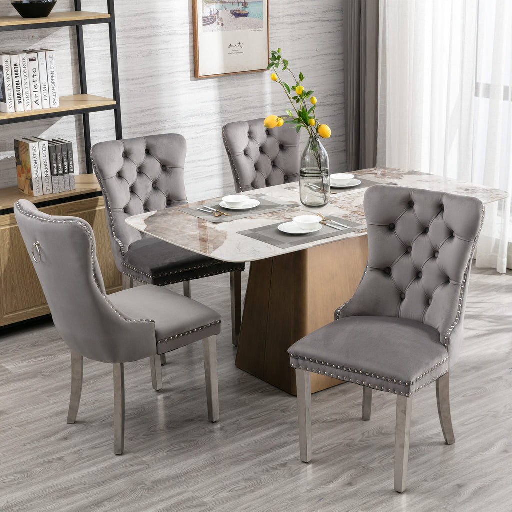 A&A Furniture,Nikki Collection Modern, High-end Tufted Solid Wood Contemporary Velvet Upholstered Dining Chair with Chrome Stainless Steel Plating Legs,Nailhead Trim,Set of 2,Gray and Chrome, SW1701GY - Grand Goldman Shop