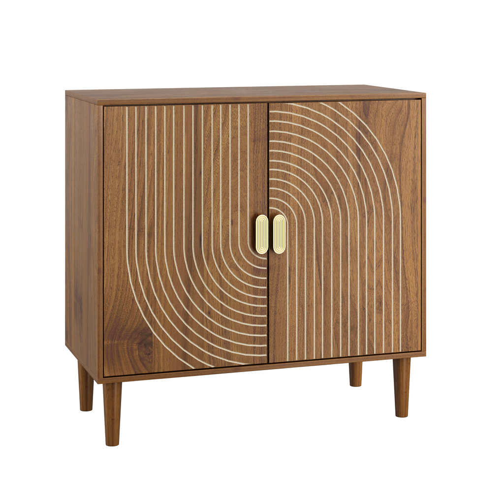 Walnut Wood Buffet Cabinet with Line Groove Design, Multifunctional Storage for Living Room, Entryway, Kitchen - Grand Goldman Shop