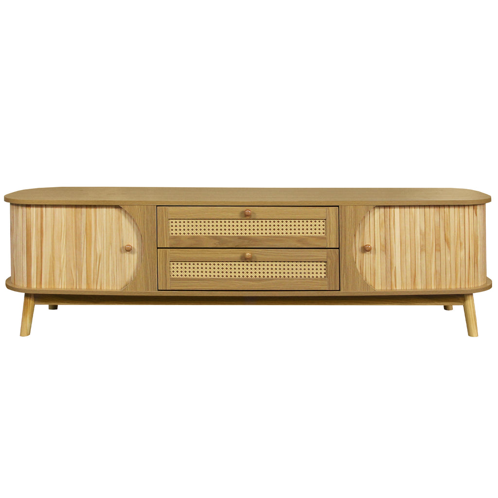 Modern Farmhouse Rattan TV Stand for TVs up to 75'', Solid Wood Legs, Natural Wood Finish Media Console with Storage Drawers and Sliding Doors - Grand Goldman Shop