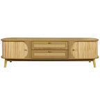 Modern Farmhouse Rattan TV Stand for TVs up to 75'', Solid Wood Legs, Natural Wood Finish Media Console with Storage Drawers and Sliding Doors - Grand Goldman Shop