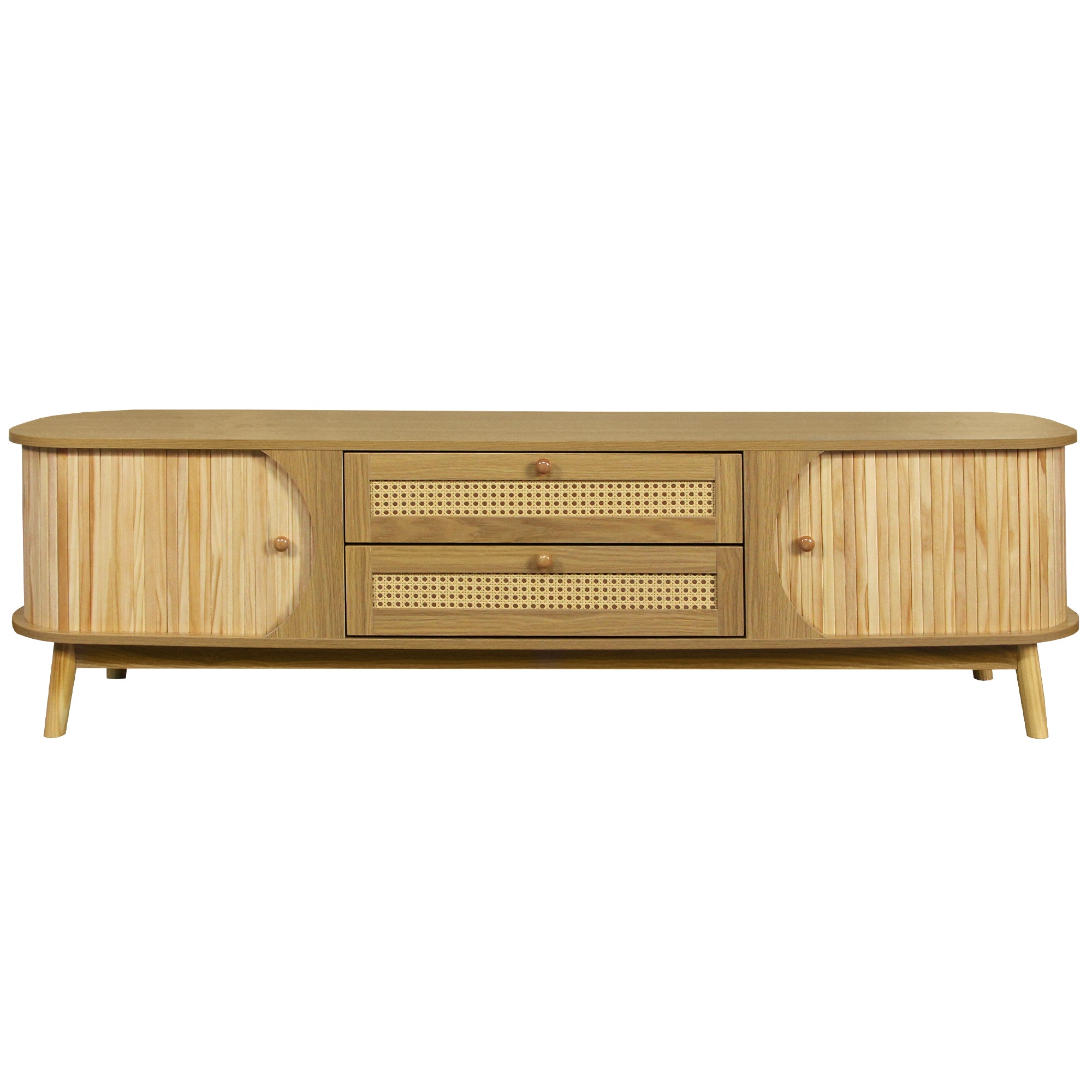 Modern Farmhouse Rattan TV Stand for TVs up to 75'', Solid Wood Legs, Natural Wood Finish Media Console with Storage Drawers and Sliding Doors - Grand Goldman Shop