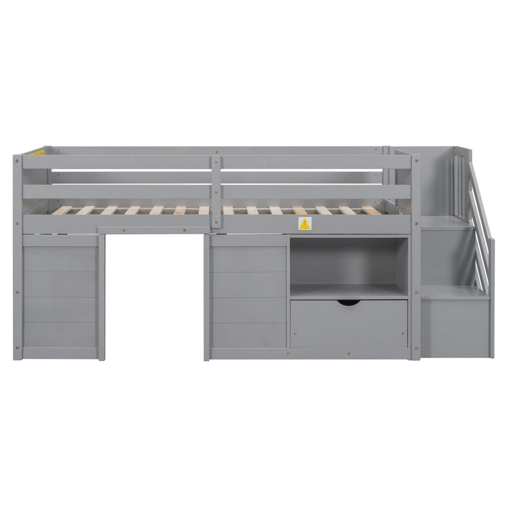 Solid Pine Wood Twin Low Loft Bed with Stair, Drawer, and Shelf in Grey Finish - Grand Goldman Shop