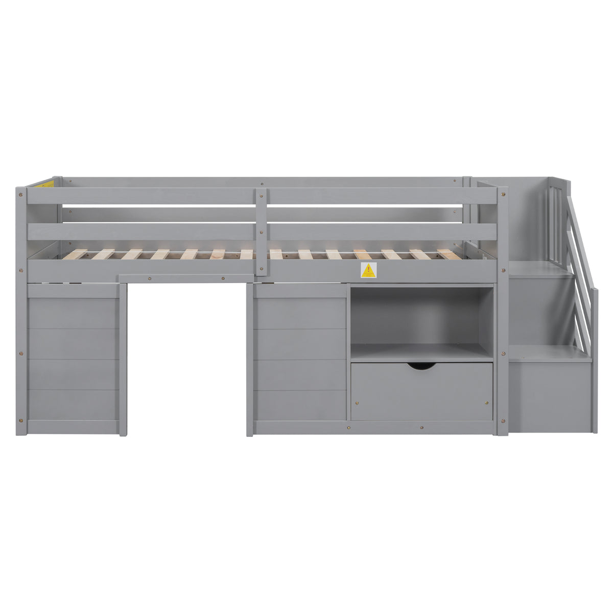 Solid Pine Wood Twin Low Loft Bed with Stair, Drawer, and Shelf in Grey Finish - Grand Goldman Shop