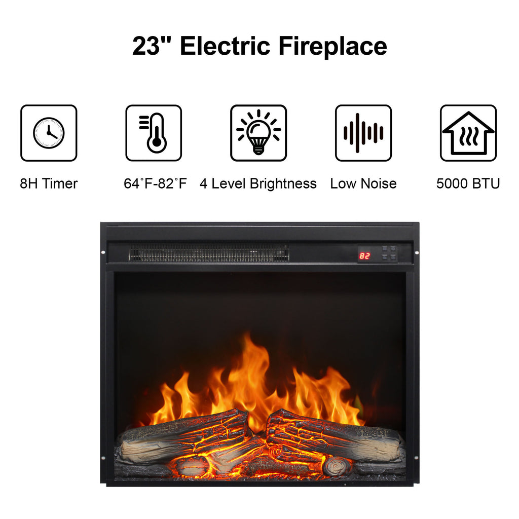 23 inch electric fireplace insert, ultra thin heater with log set & realistic flame, remote control with timer, overheating protection - Grand Goldman Shop