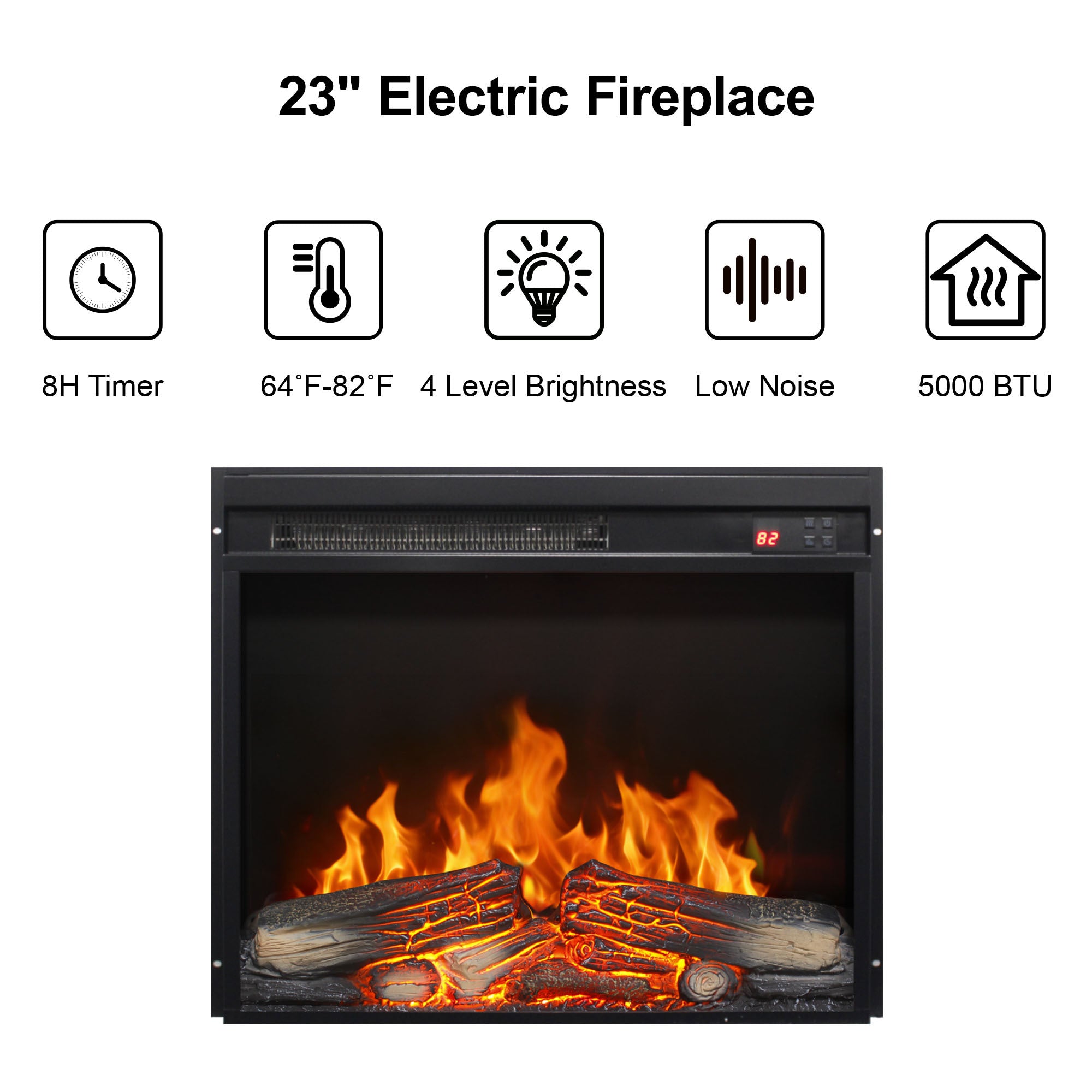 23 inch electric fireplace insert, ultra thin heater with log set & realistic flame, remote control with timer, overheating protection - Grand Goldman Shop