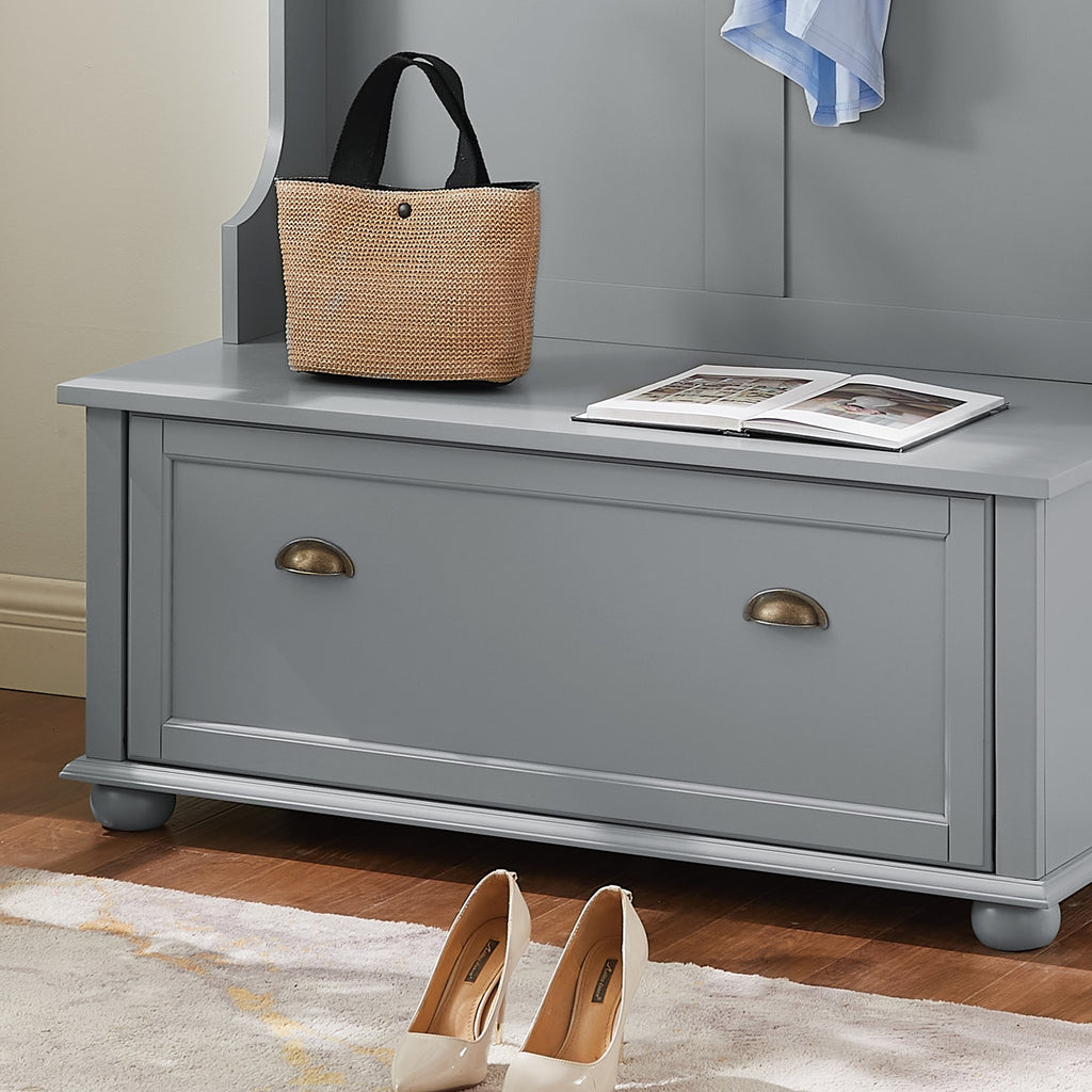 Modern Classic Hall Tree with Shoe Rack Bench and Coat Hooks for Hanging Storage, Entryway Bench with Open Shelves and Shoe Cabinets 40.16'W*18.58'D*64.17'H GRAY - Grand Goldman Shop