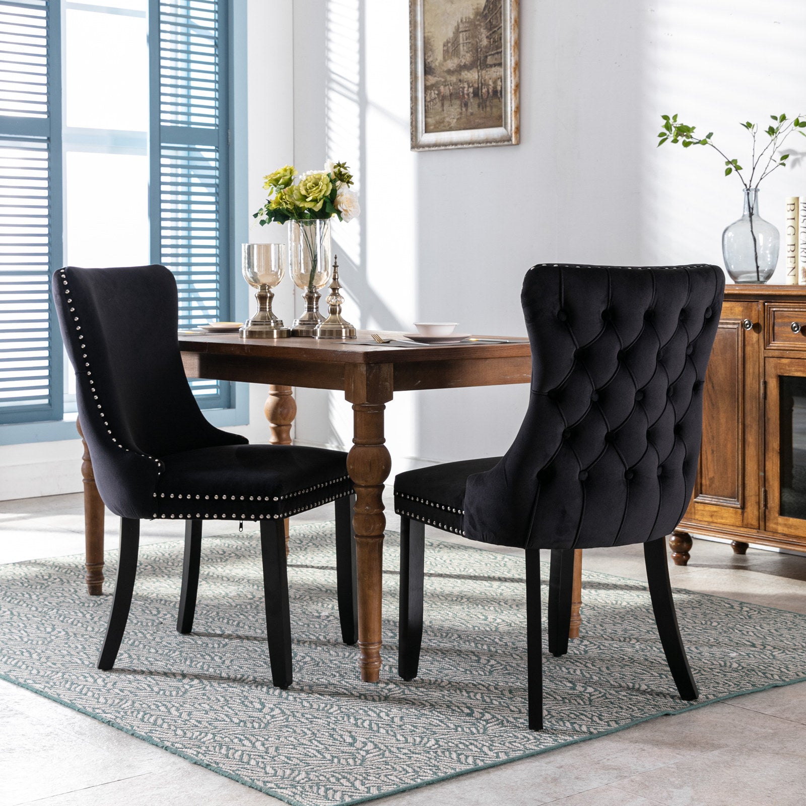 Upholstered Wing-Back Dining Chair with Backstitching Nailhead Trim and Solid Wood Legs,Set of 2, Black,SW8809BK, KD - Grand Goldman Shop