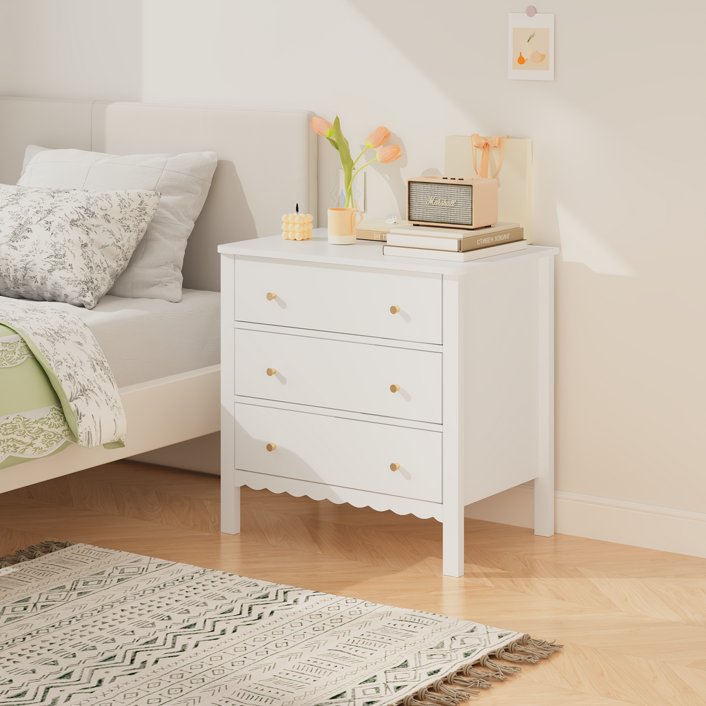 White 3 Drawer Dresser for Bedroom, Modern MDF Painted Chest of Drawers with Gold Knobs, Wooden Storage Cabinet for Kids, Nur
