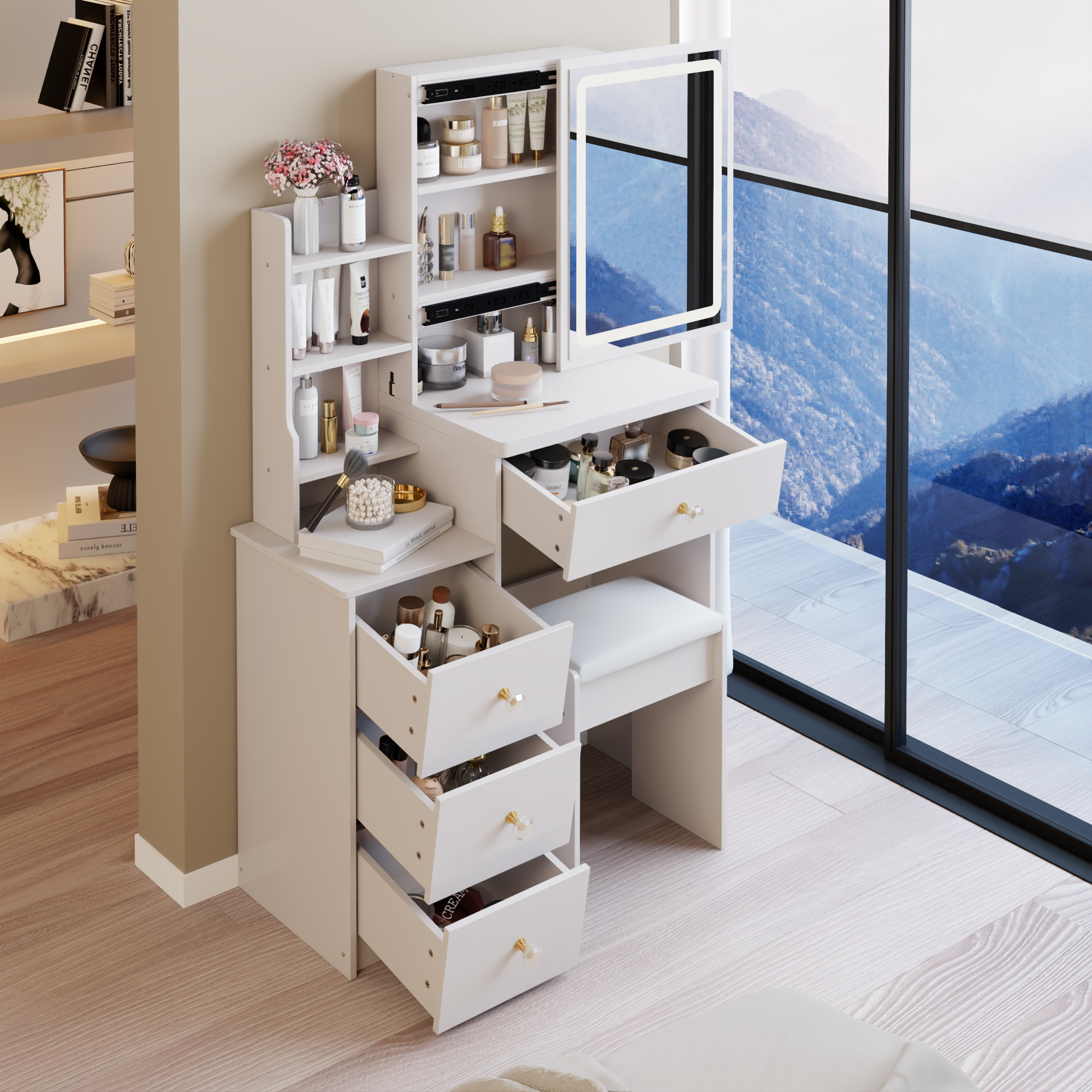 29.2' Small Size Left Bedside Cabinet LED Mirror Vanity Table + Cushioned Stool, Large Sliding, Touch Control, 3-color Switch, Brightness Adjust Mirror, High Capacity Storage, EPA, GCC, UL Certificate - Grand Goldman Shop