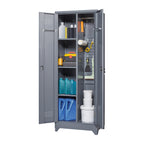 Grey Heavy Duty Metal Storage Cabinet with Locking Doors, Hanging Rod & Shelves, 65' H Broom Closet for Garage or Basement | 