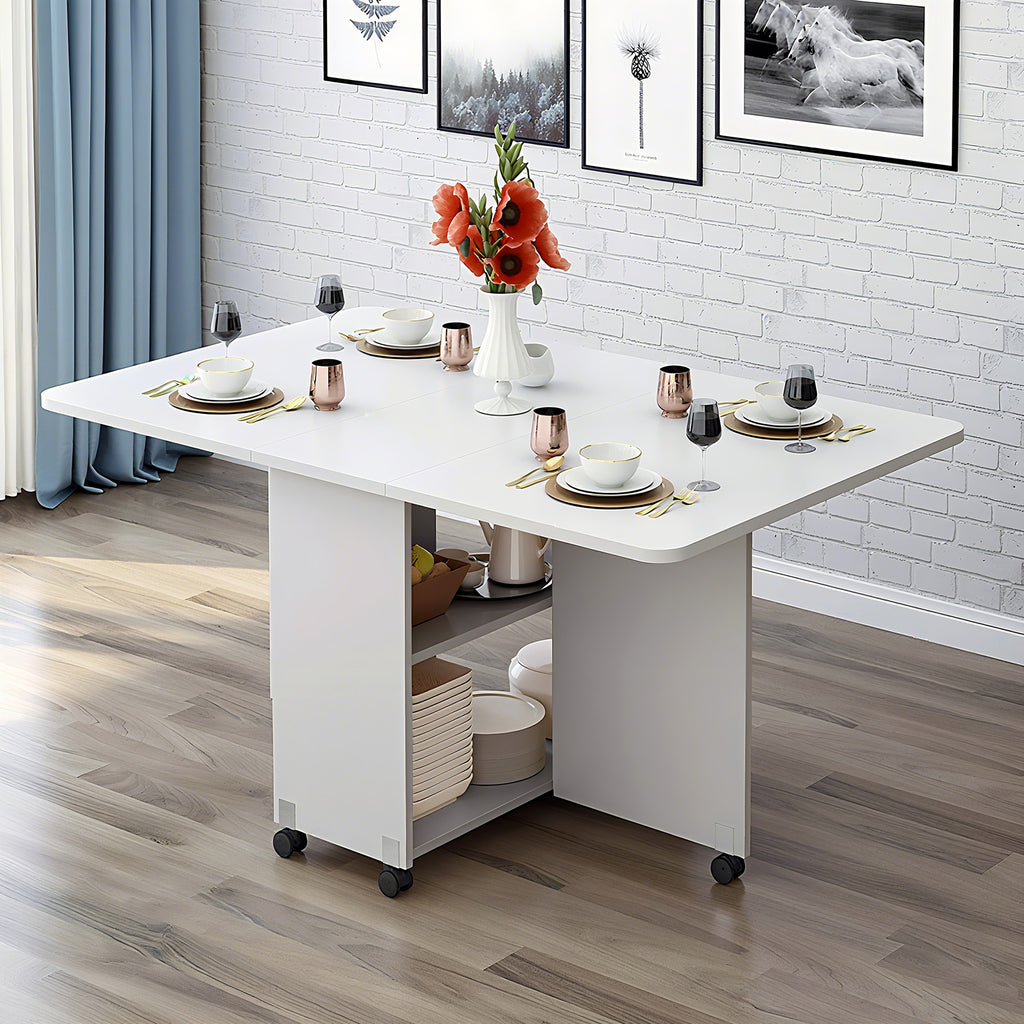Folding Drop Leaf Dining Table with 6 Wheels and 2-Layer Storage Shelf, Space Saving Table for Small Spaces, 47.2 inch D x 23.6 inch W x 30.3 inch H, White - Grand Goldman Shop