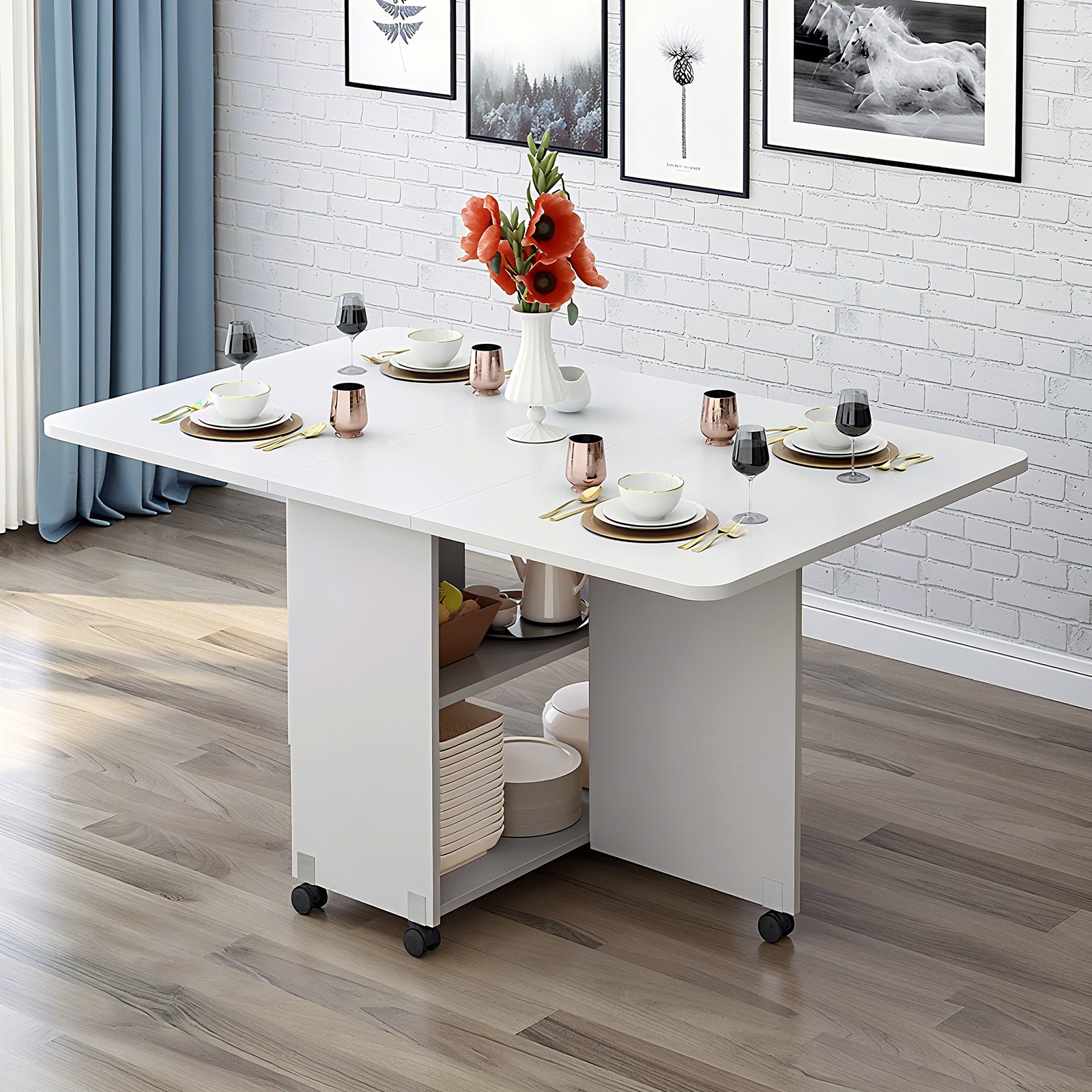 Folding Drop Leaf Dining Table with 6 Wheels and 2-Layer Storage Shelf, Space Saving Table for Small Spaces, 47.2 inch D x 23.6 inch W x 30.3 inch H, White - Grand Goldman Shop