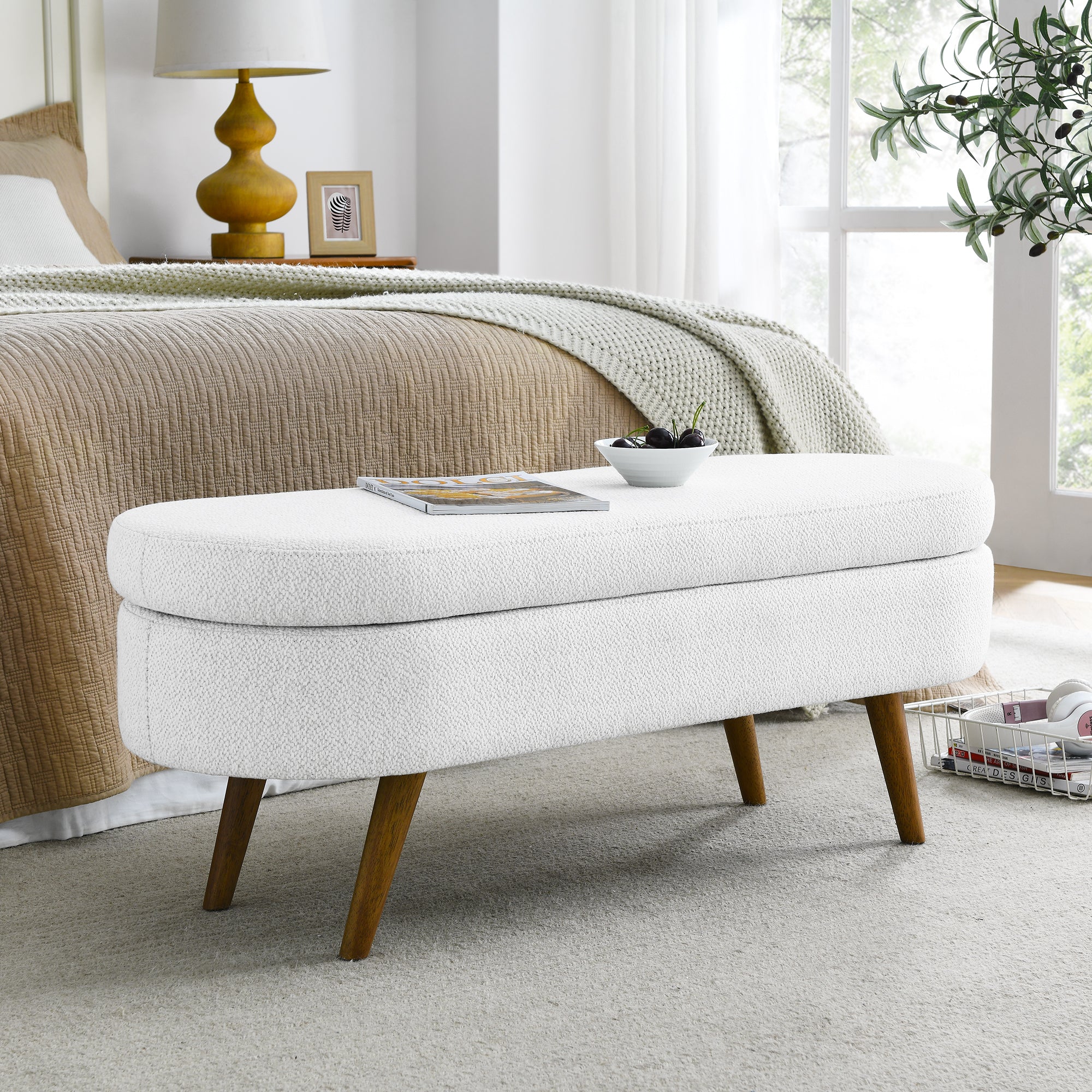 Ottoman Oval Storage Bench,Rubber Wood Legs,White(43.5'x16'x16') - Grand Goldman Shop