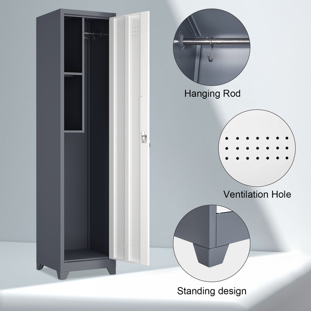 Metal Broom Storage Cabinet, 65' Narrow Slim Utility Cabinet with Hooks and Shelves, White Finish, Heavy-Duty Steel Construct