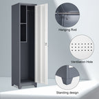 Metal Broom Storage Cabinet, 65' Narrow Slim Utility Cabinet with Hooks and Shelves, White Finish, Heavy-Duty Steel Construct