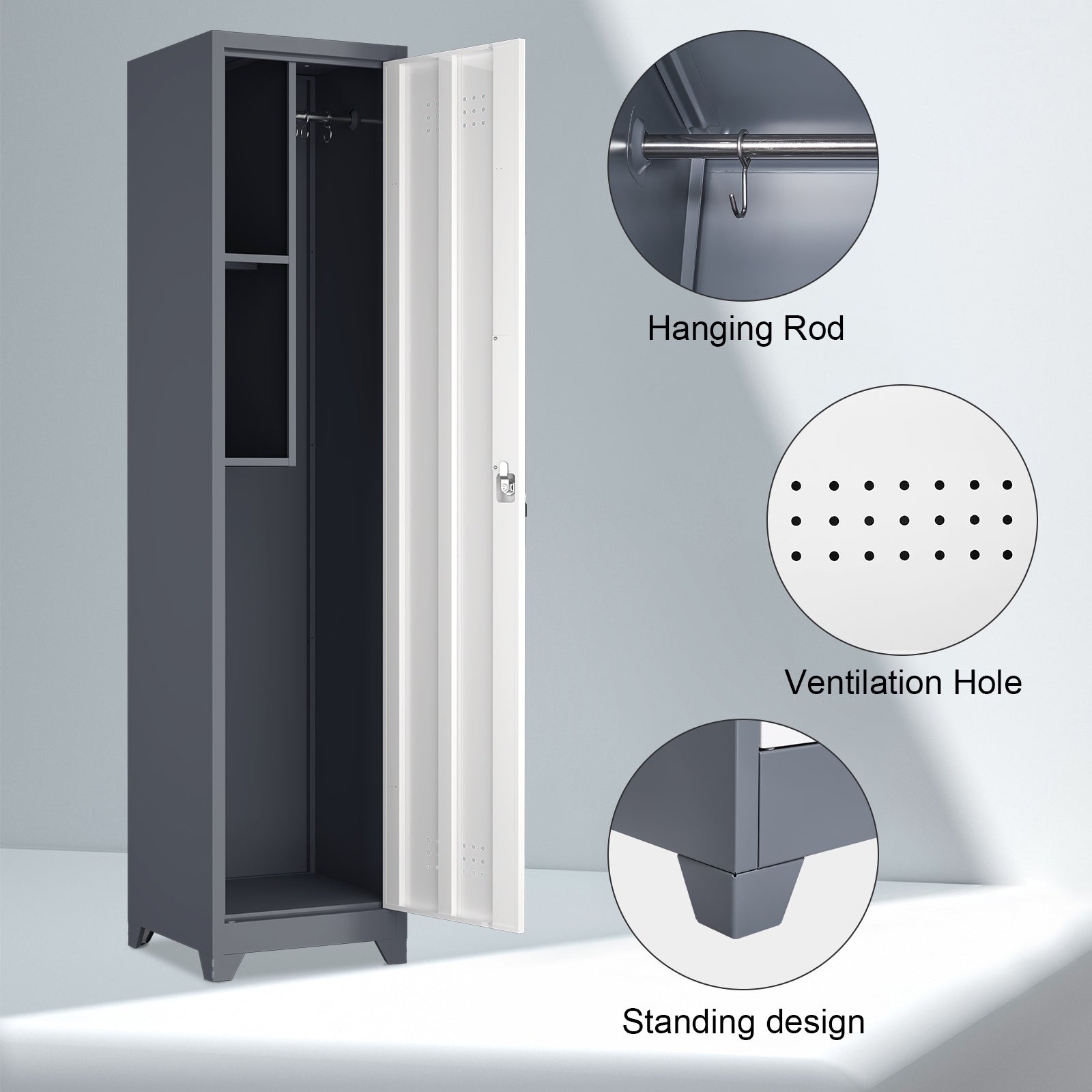 Metal Broom Storage Cabinet, 65' Narrow Slim Utility Cabinet with Hooks and Shelves, White Finish, Heavy-Duty Steel Construct
