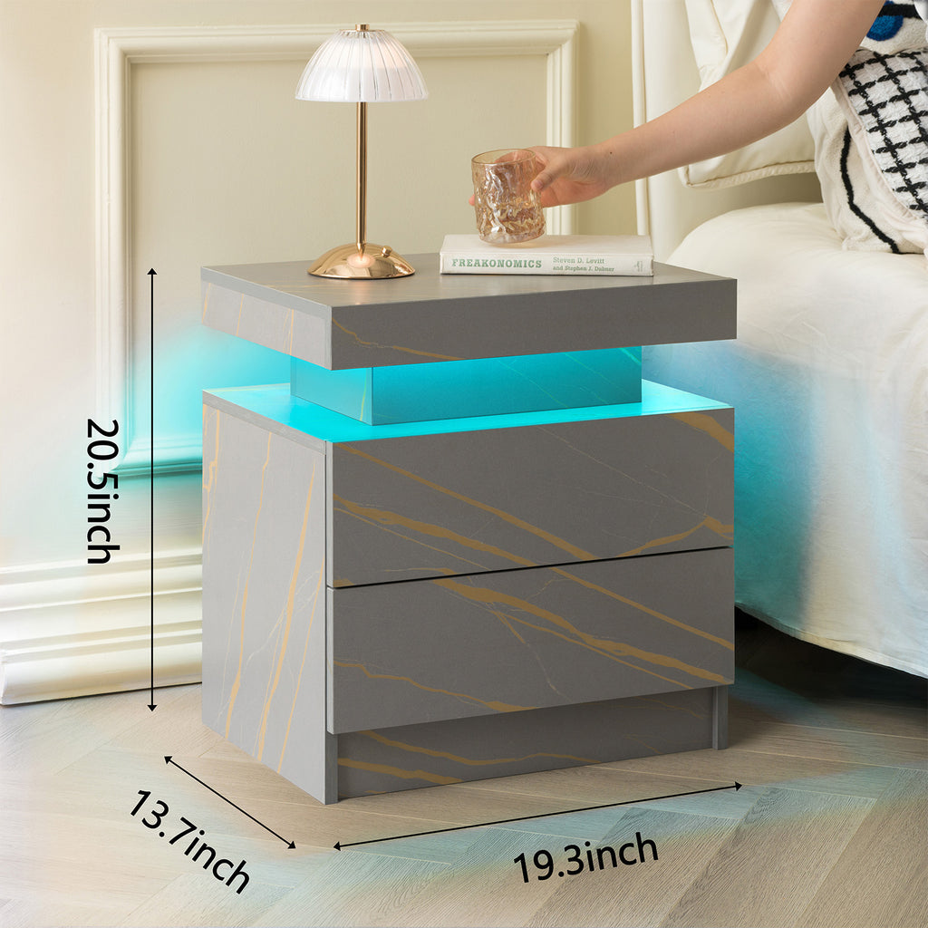 Nightstand LED Bedside Table Cabinet Lights Modern End Side with 2 Drawers for Bedroom (Grey Gold) - Grand Goldman Shop