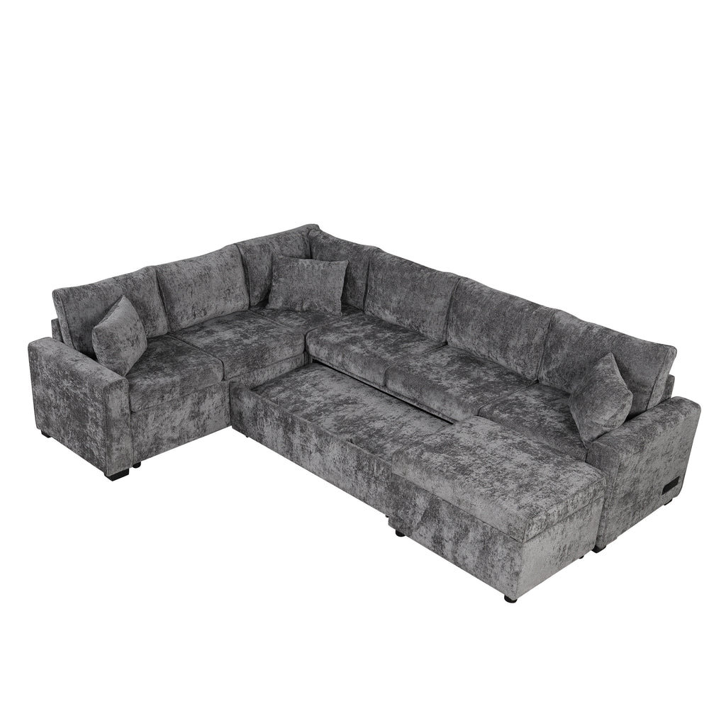 Modern Sectional Sofa Pull-out Sleeper with Storage Ottoman, USB Charging, Grey Tweed Chenille, 112.2' - Grand Goldman Shop