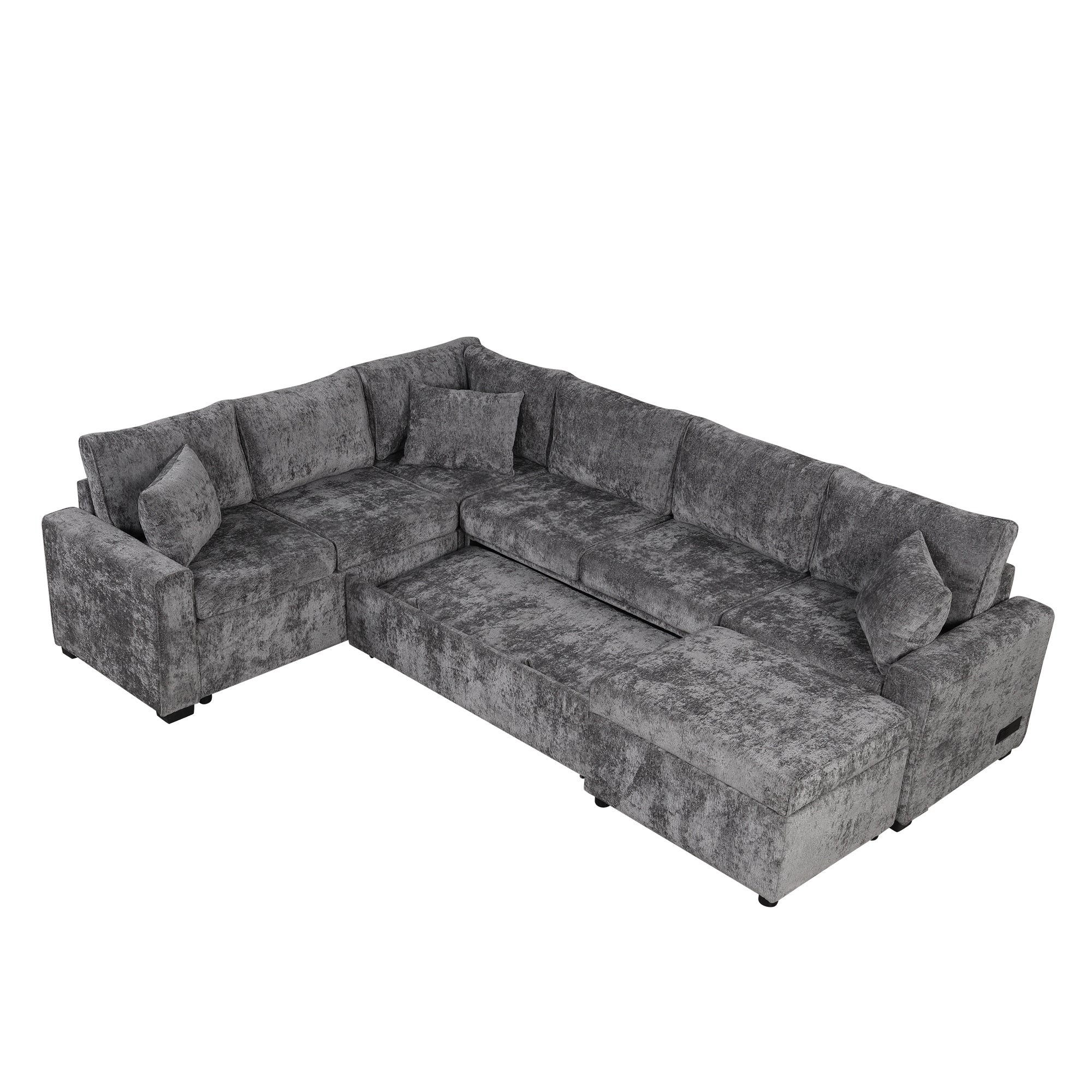 Modern Sectional Sofa Pull-out Sleeper with Storage Ottoman, USB Charging, Grey Tweed Chenille, 112.2' - Grand Goldman Shop