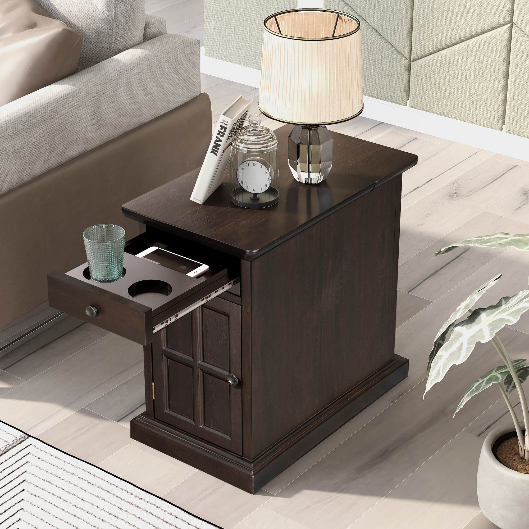 U-Can Classic Vintage Livingroom End Table Side Table with USB Ports and One Multifunctional Drawer with cup holders, Antique Espresso (Old SKU: WF296294AAP) - Grand Goldman Shop