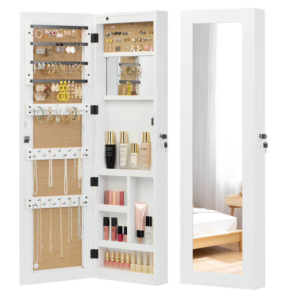 White Solid Wood Jewelry Armoire Organizer with Full-Length Mirror, Wall-Mounted Lockable Cabinet with LED Light, 47.5x14.3 in - Grand Goldman Shop
