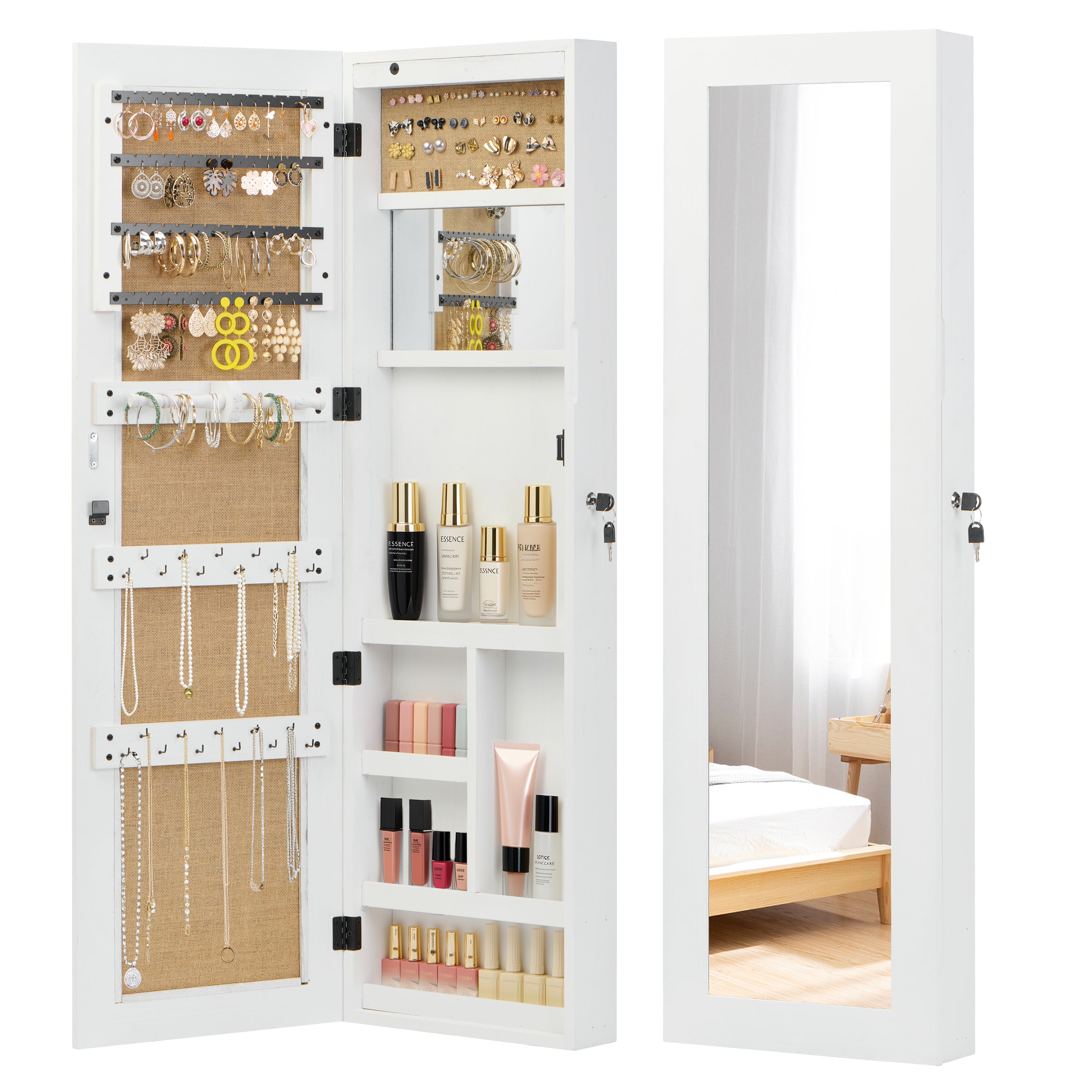 White Solid Wood Jewelry Armoire Organizer with Full-Length Mirror, Wall-Mounted Lockable Cabinet with LED Light, 47.5x14.3 in - Grand Goldman Shop