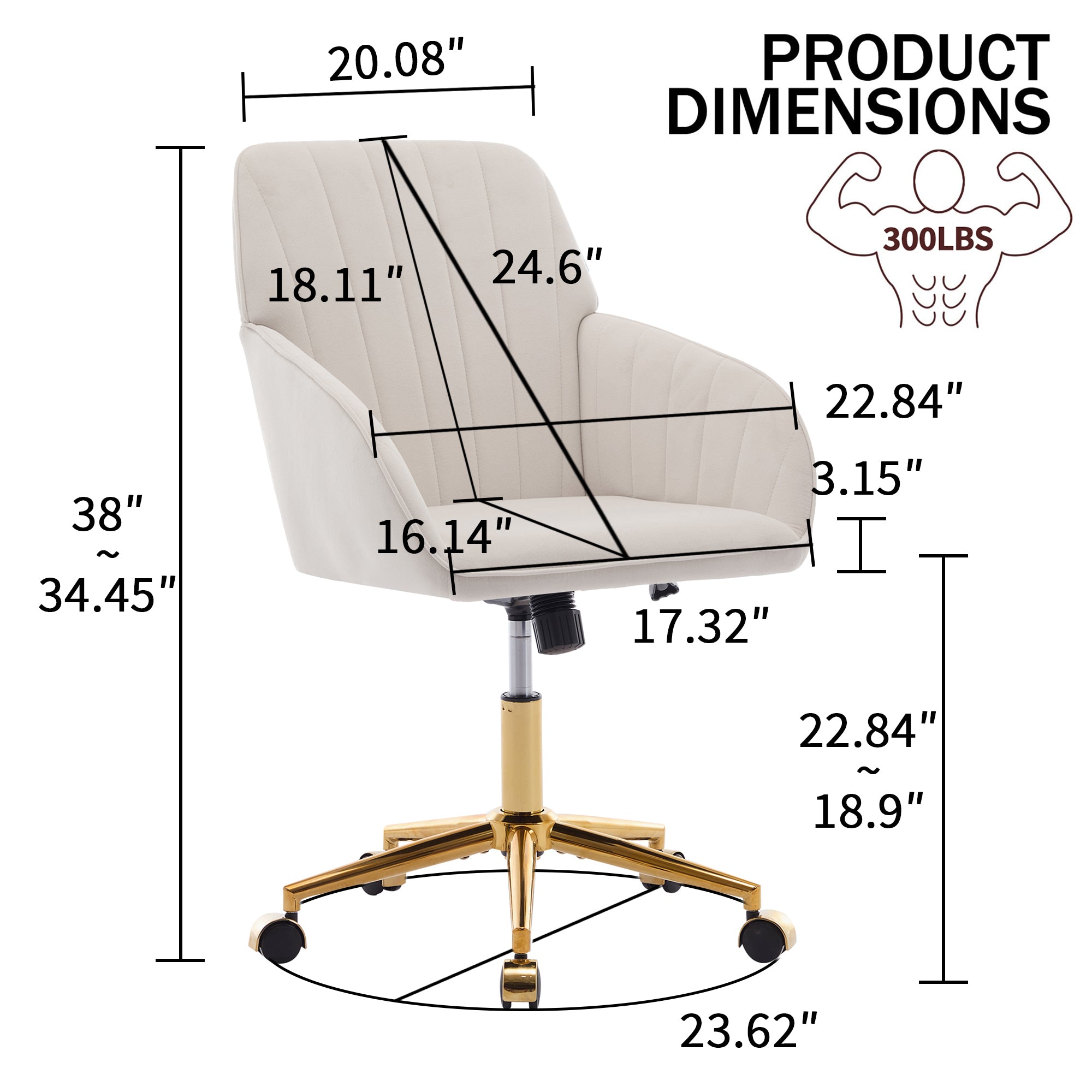TY Ergonomic Swivel Office Chair, Adjustable and Comfortable, Beige Velvet Upholstery, 24.60 x 22.84 x 38.00 inches | Premium