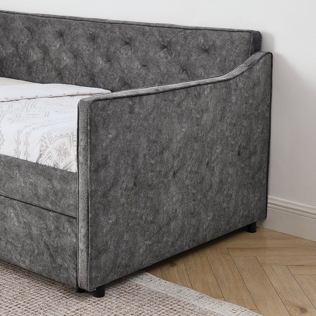 Grey Velvet Mid-Century Style Twin Upholstered Daybed with Pop-Up Trundle and USB Charging Armrest - Grand Goldman Shop