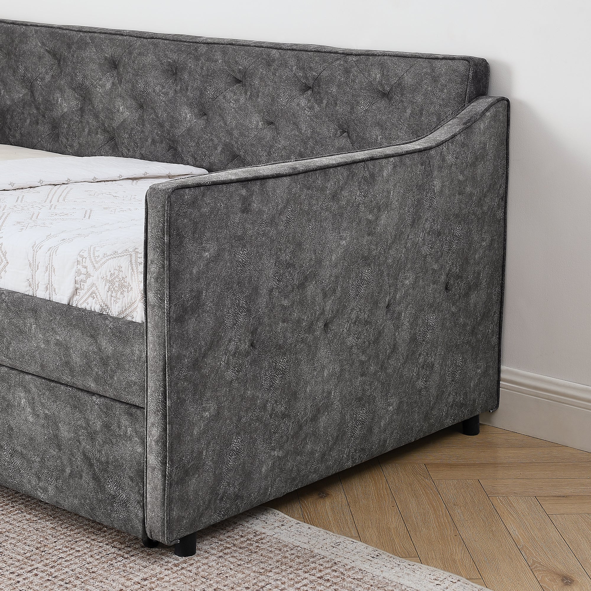 Grey Velvet Mid-Century Style Twin Upholstered Daybed with Pop-Up Trundle and USB Charging Armrest - Grand Goldman Shop