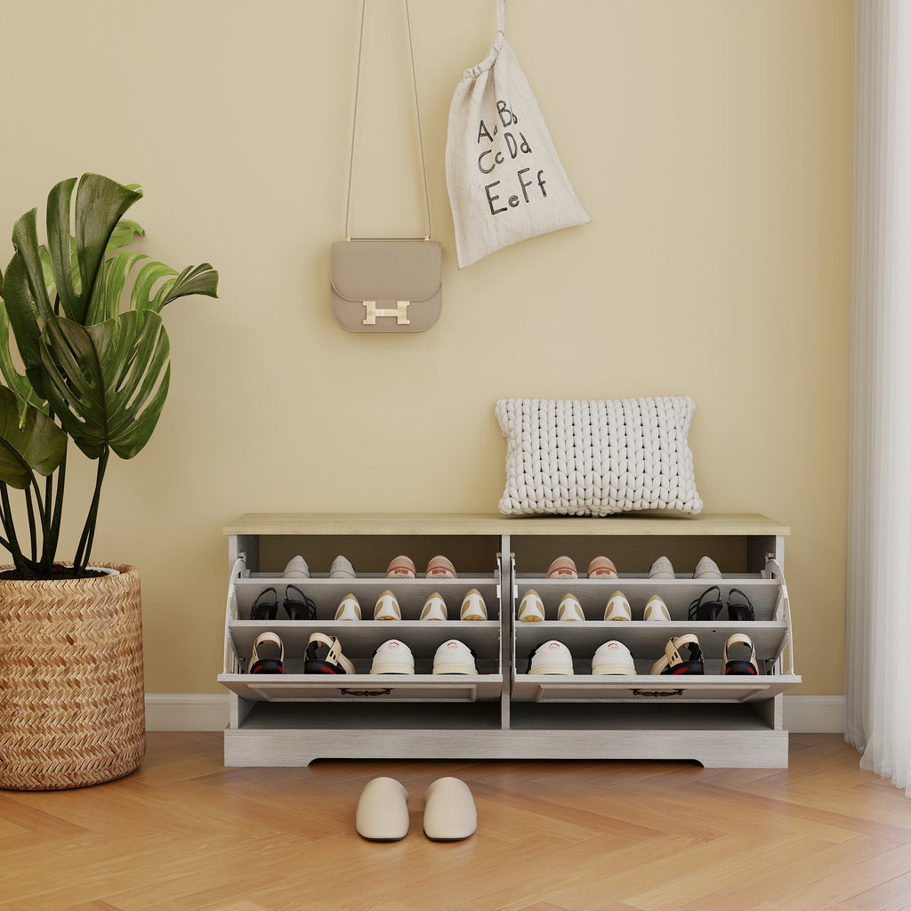 Shoe Storage Bench with 2 Flip Drawers and Adjustable Shelf for Entryway, Hallway, Bedroom-Antique White - Grand Goldman Shop