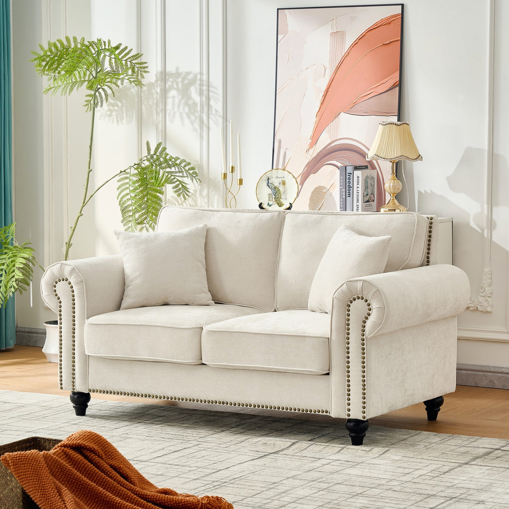 Modern 2-Seater Sofa with Rolled Arms, Tufted Upholstery, Wood Legs, Nailhead Trim, Beige Fabric, 63' - Grand Goldman Shop