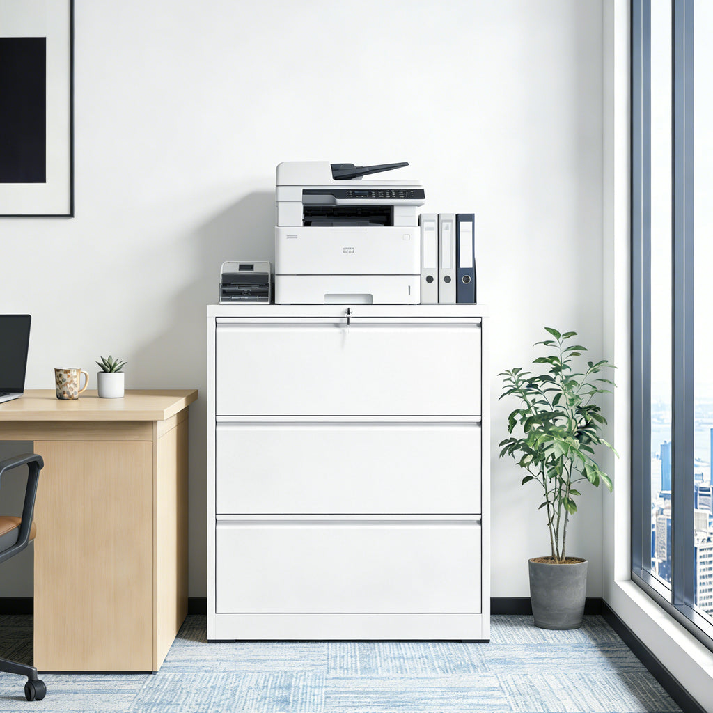 3 Drawer Lateral File Cabinet, 35.4 Inch Wide Metal Filing Cabinet, Locking Heavy Duty File Cabinet for Home Office, Anti-Tip