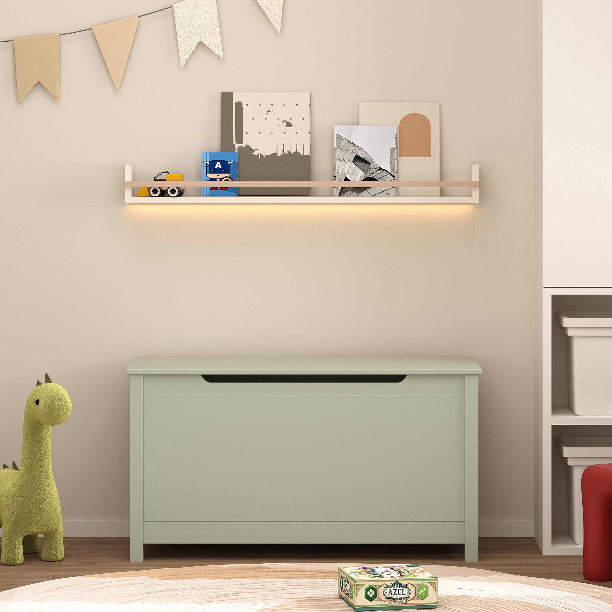 Kids Wooden Toy Box Storage with Safety Hinged Lid for Ages 2+ (Sage) - Grand Goldman