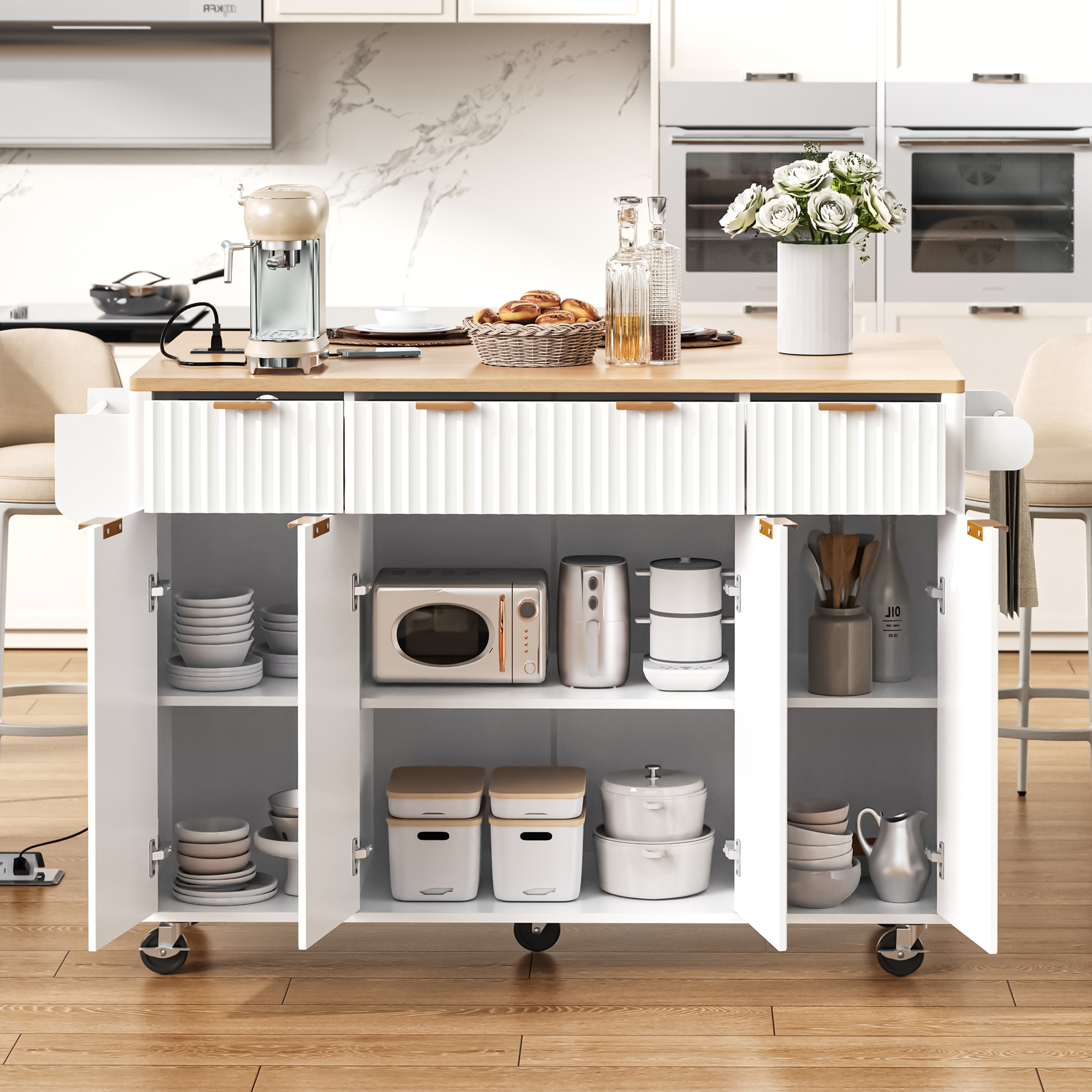 K&K Fluted Kitchen Island with Storage, 55.5' Kitchen Island with Drop Leaf, Power Outlet, 4 Doors and 3 Drawers, Rolling Island Table with Wood-grain Top, Curved Edge for Kitchen,Dining Room White - Grand Goldman Shop